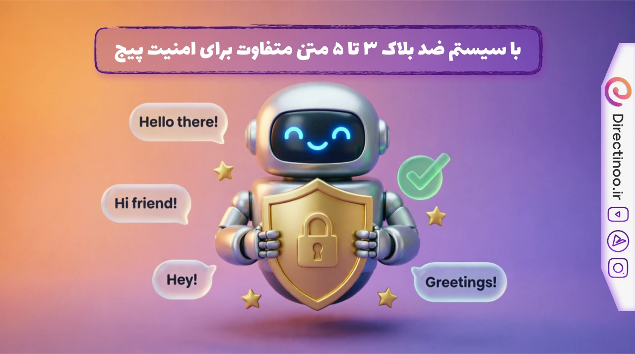 ربات کارتونی با سپر طلایی قفل‌دار و چندین پیام متفاوت برای نمایش سیستم ضد بلاک دایرکتینو
